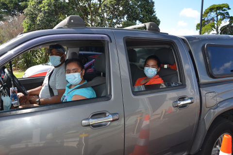 Family in a car wearings masks